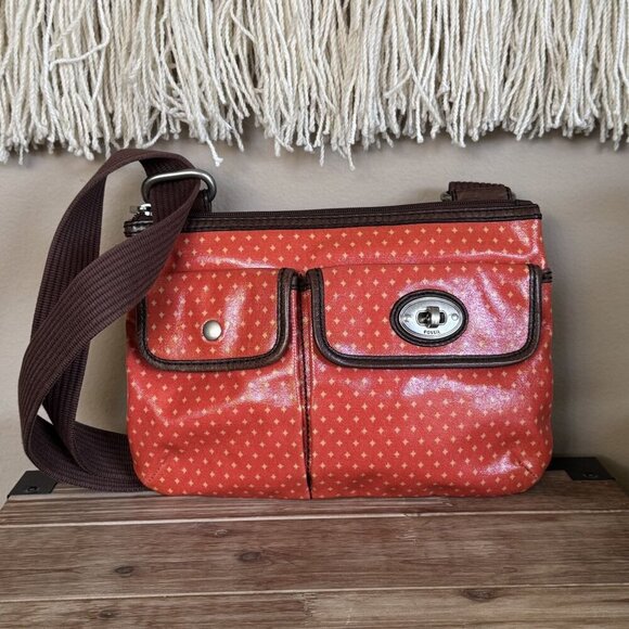 Vintage Fossil Key-Per Coated Leather Orange Tan Star Polka Dot Crossbody Bag - Picture 1 of 14